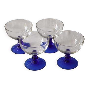 Set of 4 glass ice cream bowls, blue stem, Codec