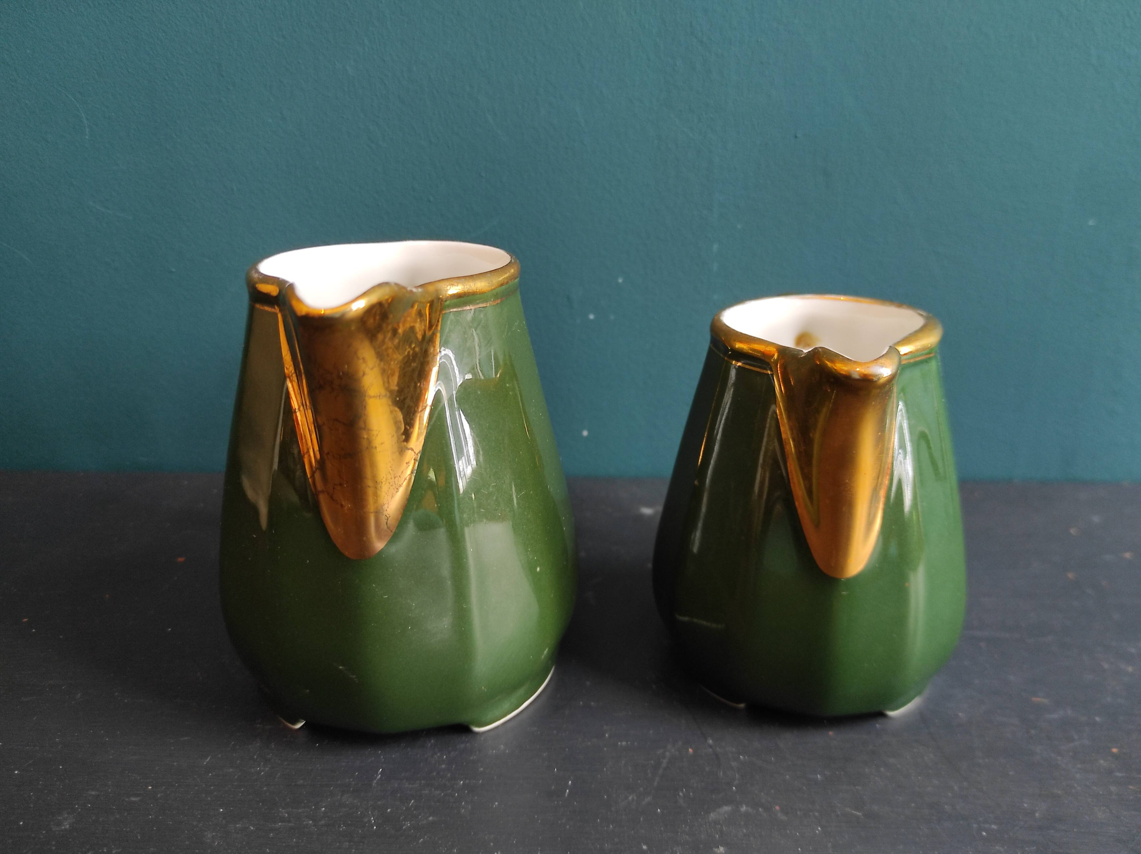 Set of two vintage French milk jugs in green and gold, Manuguet, Tarbes Lourdes