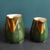 Set of two vintage French milk jugs in green and gold, Manuguet, Tarbes Lourdes