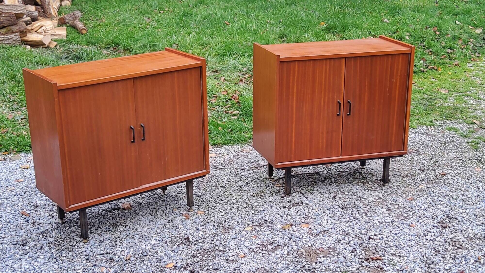 Pair of vintage mahogany sideboards with square metal legs from the 60s
