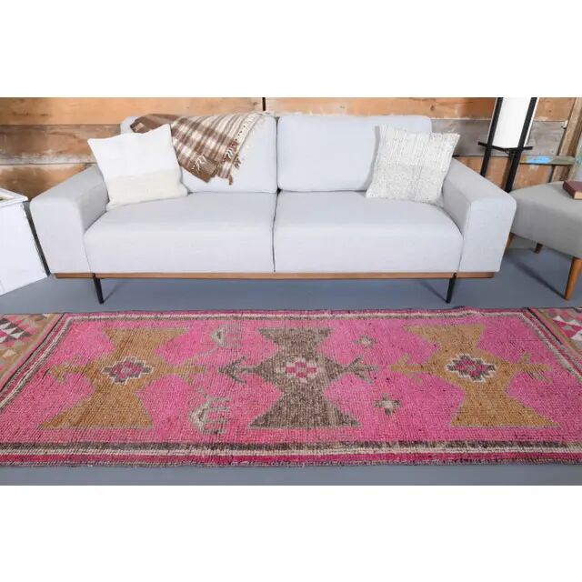 Vintage Turkish Hand-Knotted Wool Cotton Pink Runner Rug 90x298