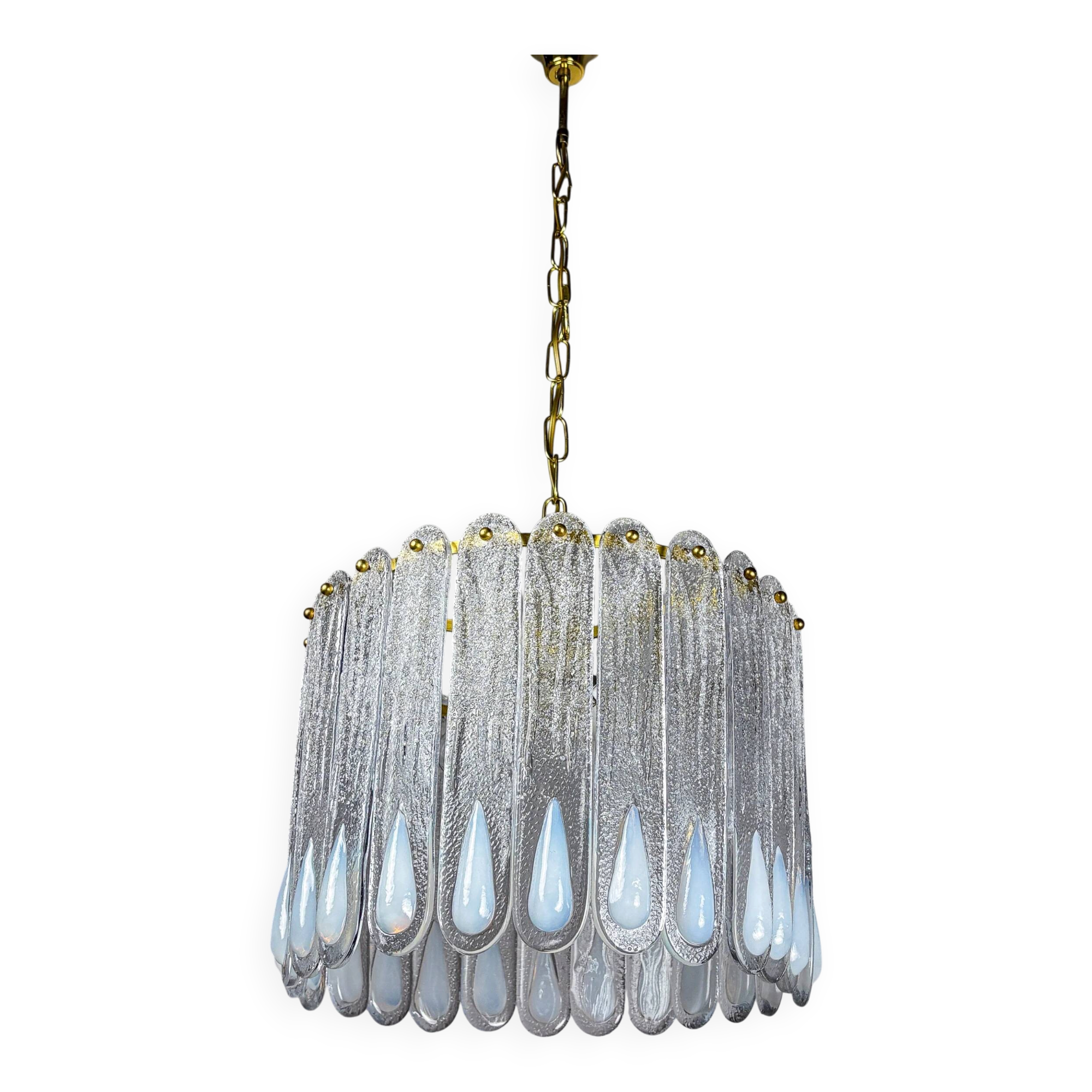 Murano Mazzega chandelier, iridescent white frosted glass, Italy 1960