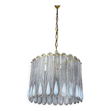 Murano Mazzega chandelier, iridescent white frosted glass, Italy 1960