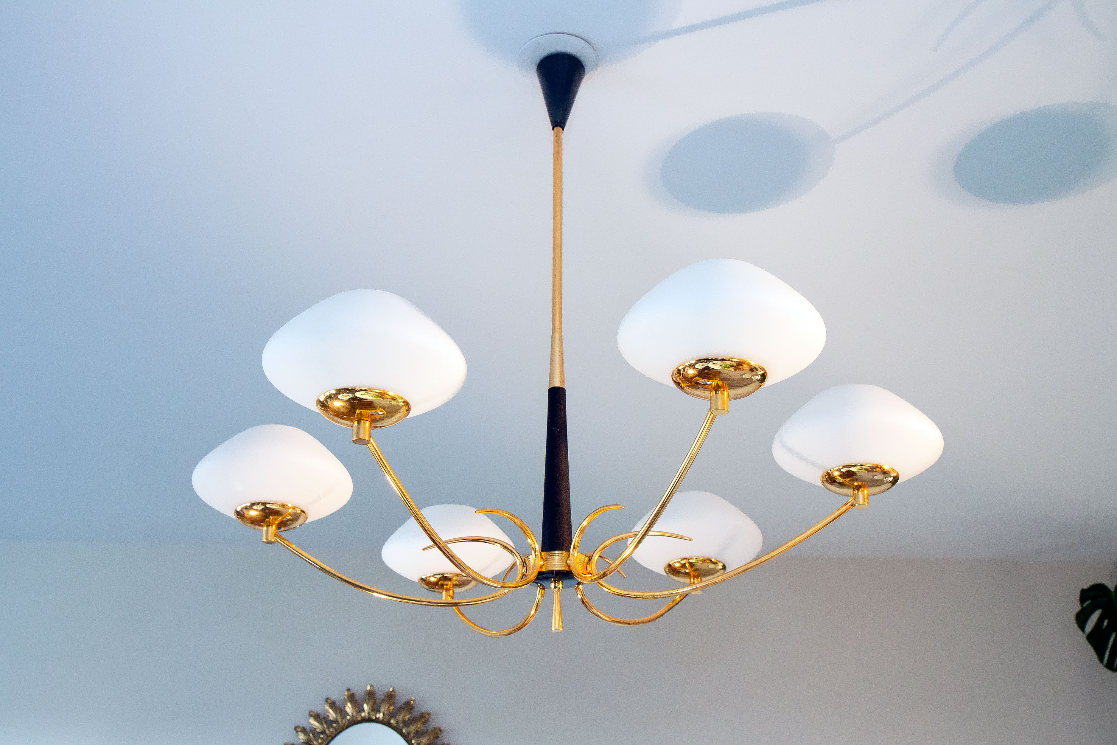 Pendant light in brass and opaline 50s