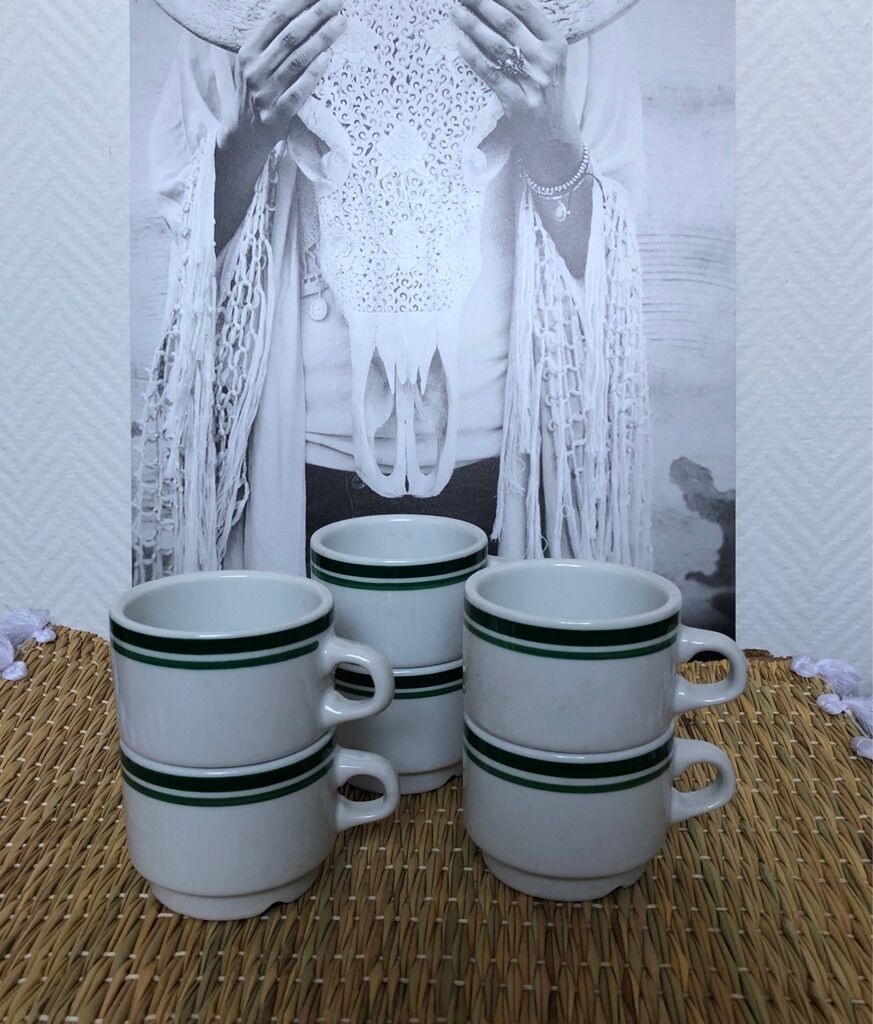 Lot 6 white porcelain cups green stripe