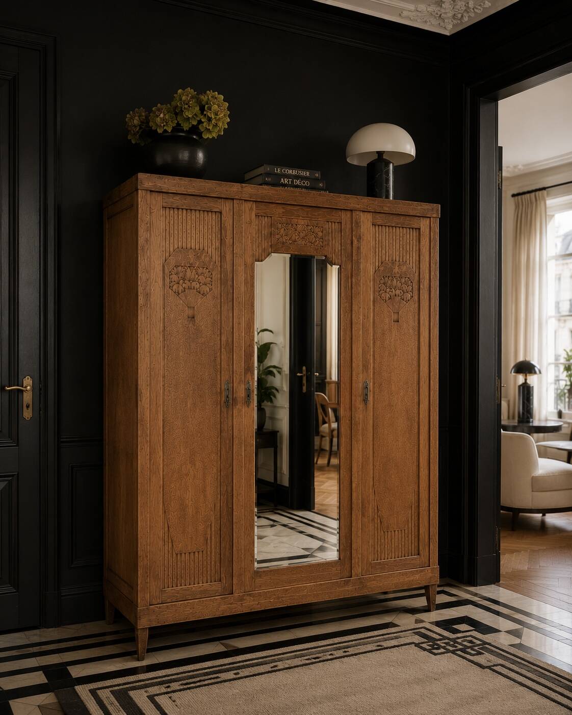 Art deco wardrobe in raw oak with bevelled mirror.