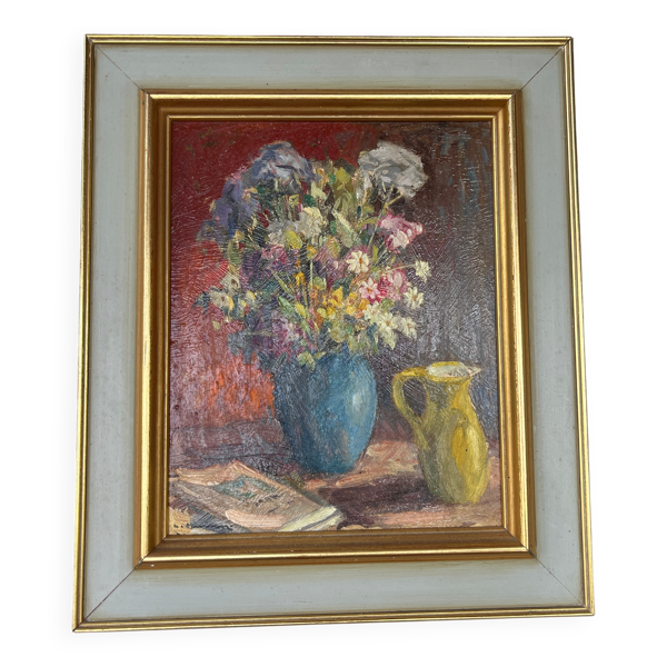 Tableau ancien nature morte ''Bouquet de fleurs et pichet'' – Huile sur panne