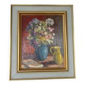 Tableau ancien nature morte "Bouquet de fleurs et pichet" – Huile sur panne