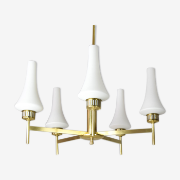 Mid century scandinavian Sweden modern brass and opaline chandelier