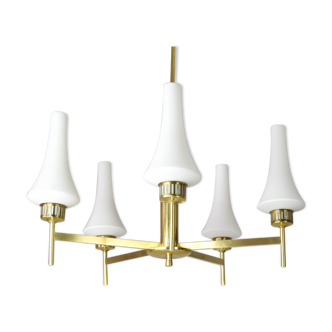 Mid century scandinavian Sweden modern brass and opaline chandelier