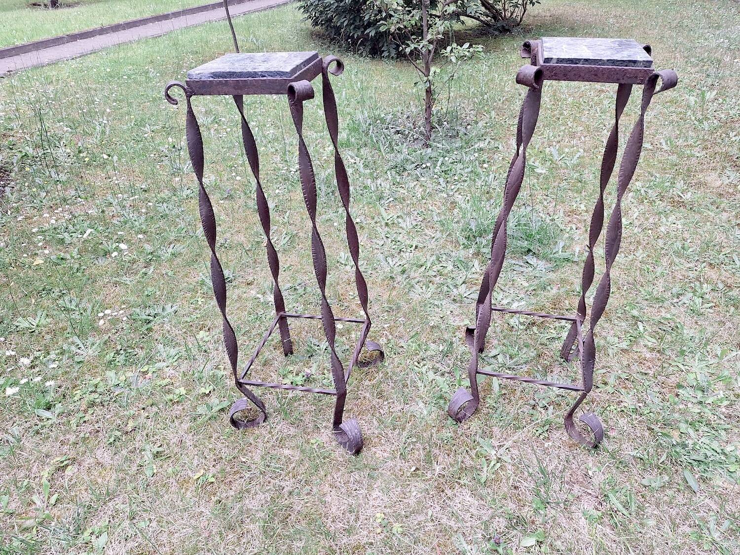 Pair of Brutalist patinated iron and veined marble columns, 1960s