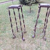 Pair of Brutalist patinated iron and veined marble columns, 1960s
