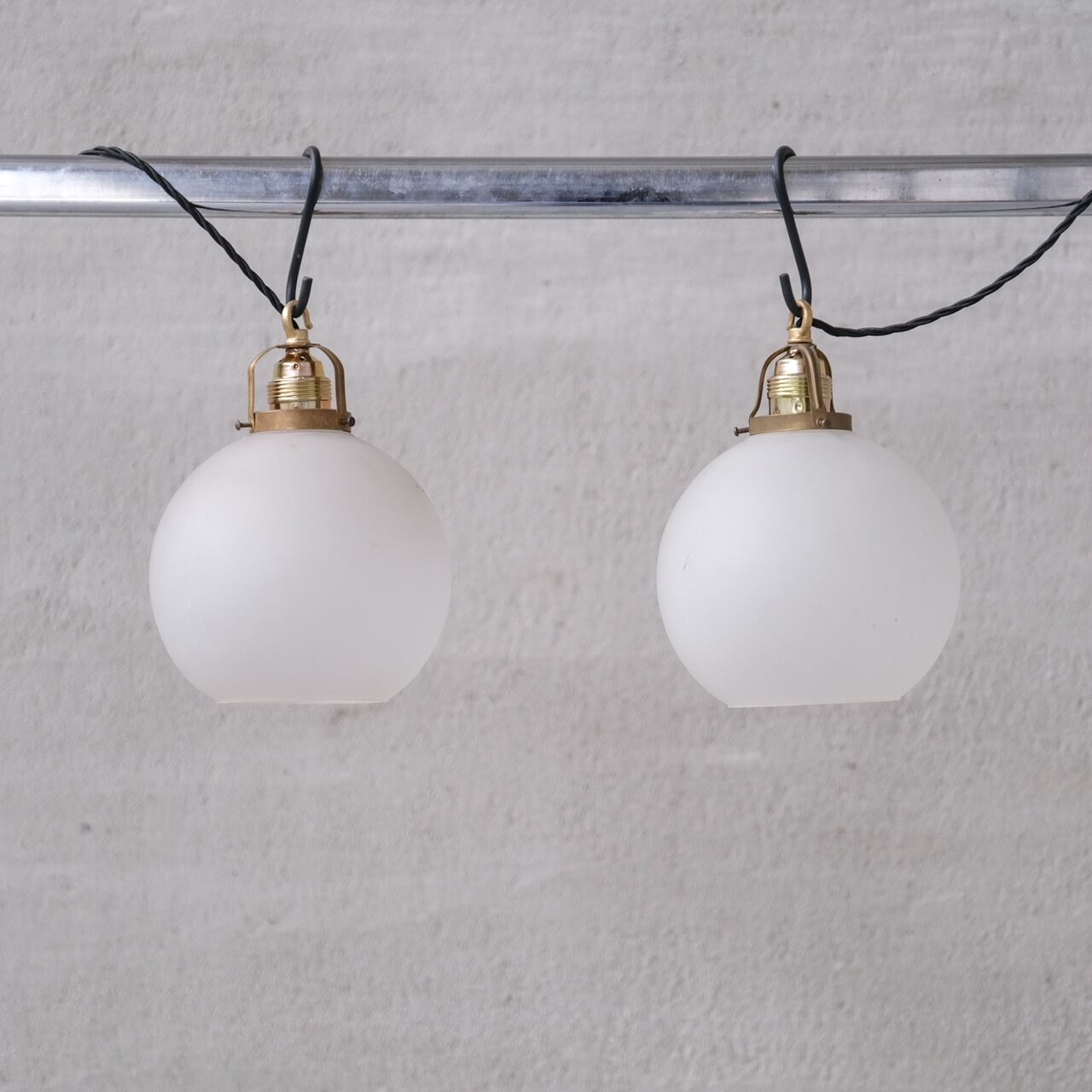 Pair of French Etched Mid-Century Glass Pendant Lights