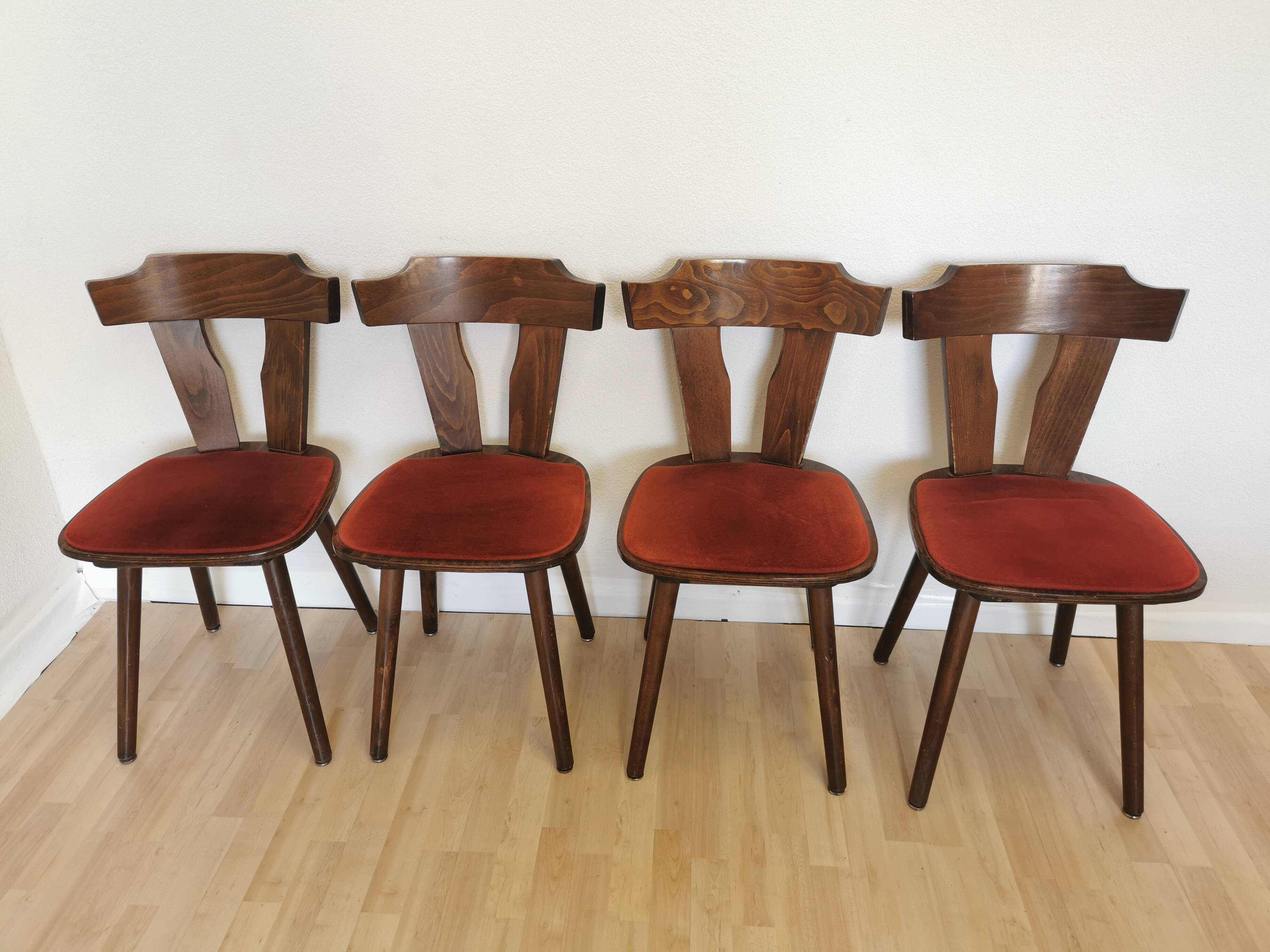 Vintage Tyrolean Dining Chairs: Set of 4, Red Fabric Seat, 1970s