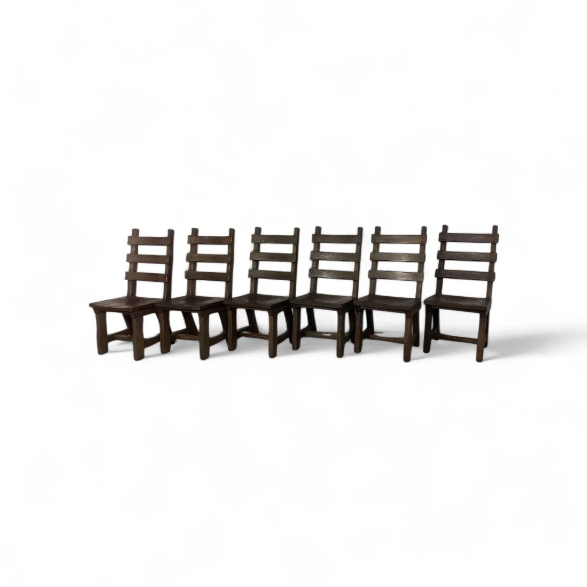 6 x Brutalist oak dining chairs / Belgium 1970s