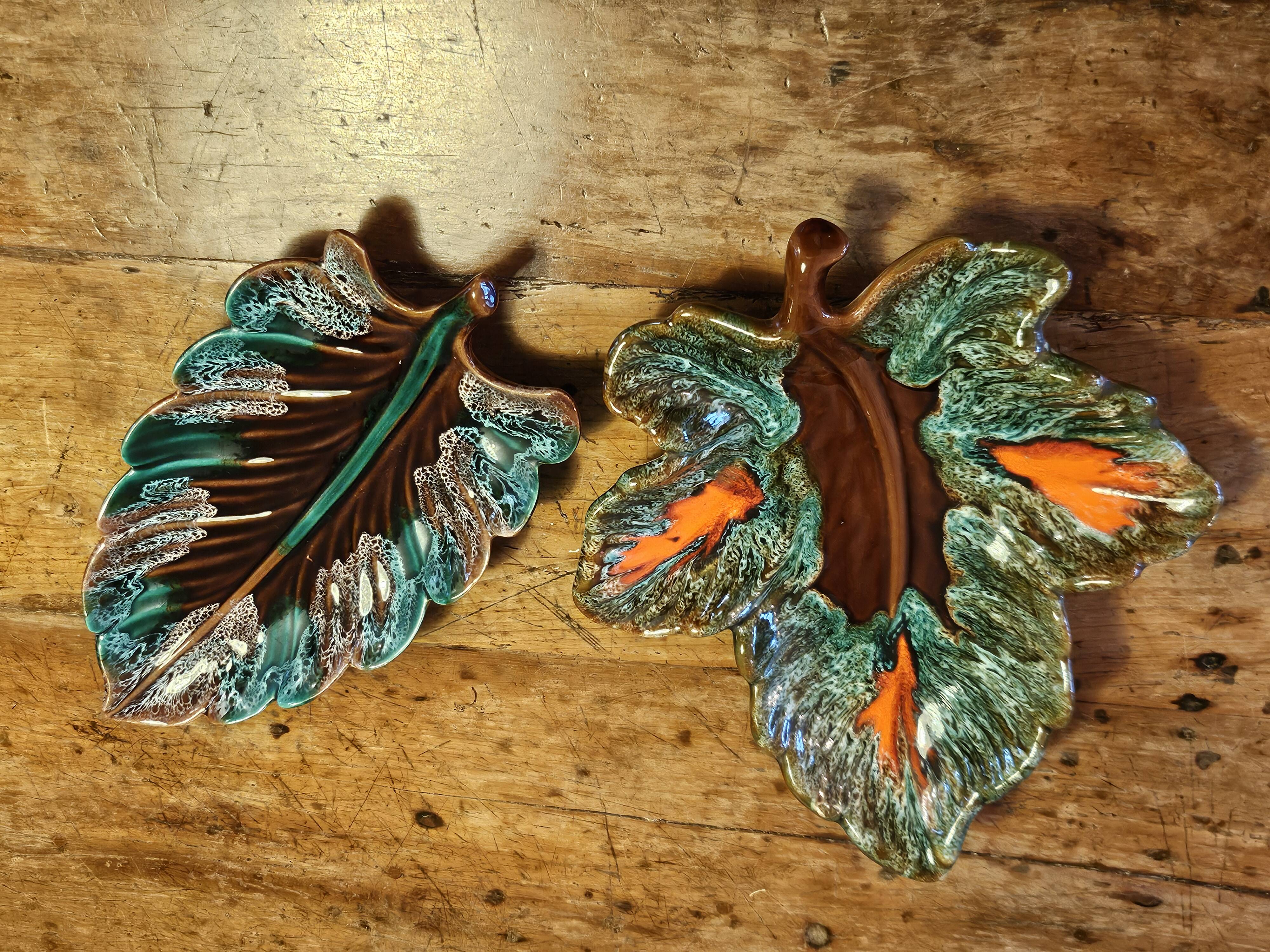 Set of 2 leaf-shaped ceramic dishes from Vallauris.