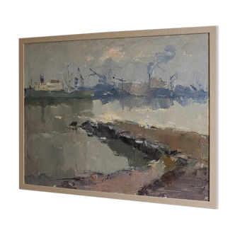 Genre oil painting "Port" | Leonid Moshenkov | Latvia | 1980s