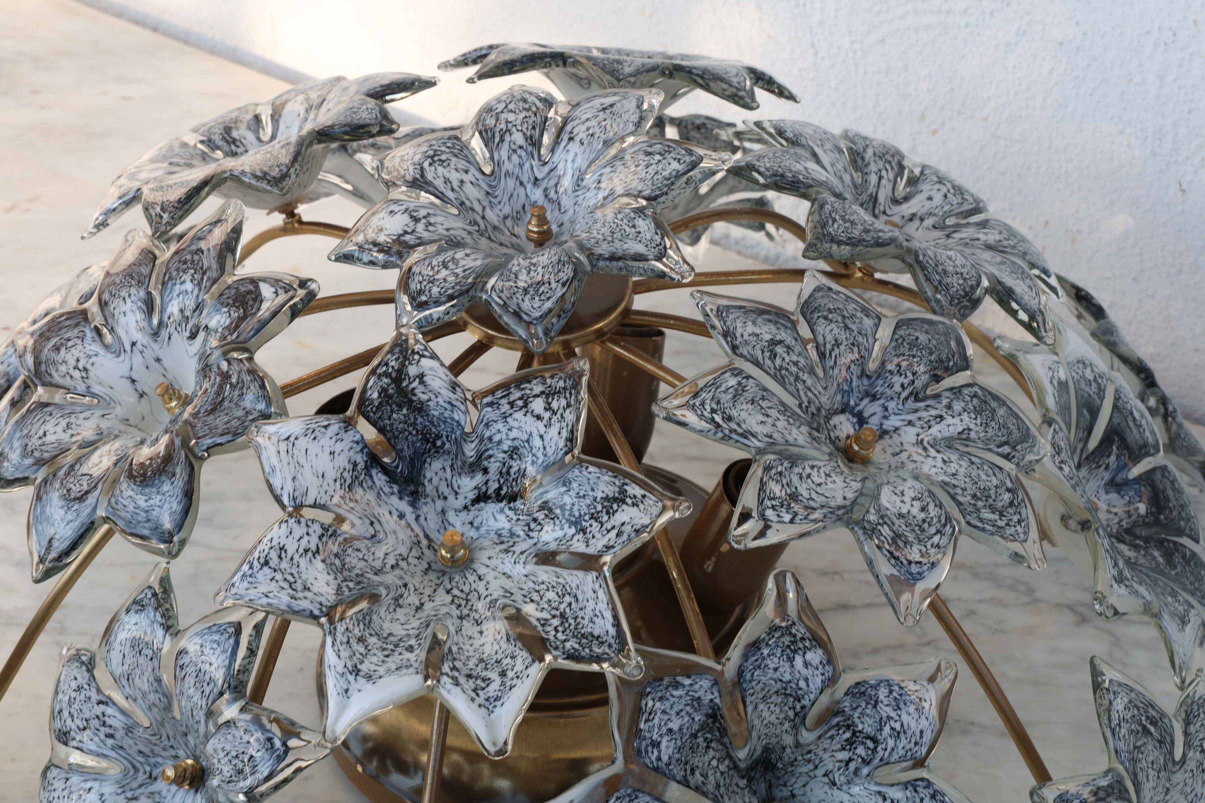 Large Murano Vintage Ceiling Light Black Flowers, 1970s