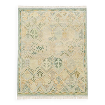 Hand-Knotted Wool Area Rug, Oushak Ivory Sage Green Design Carpet for Living Room