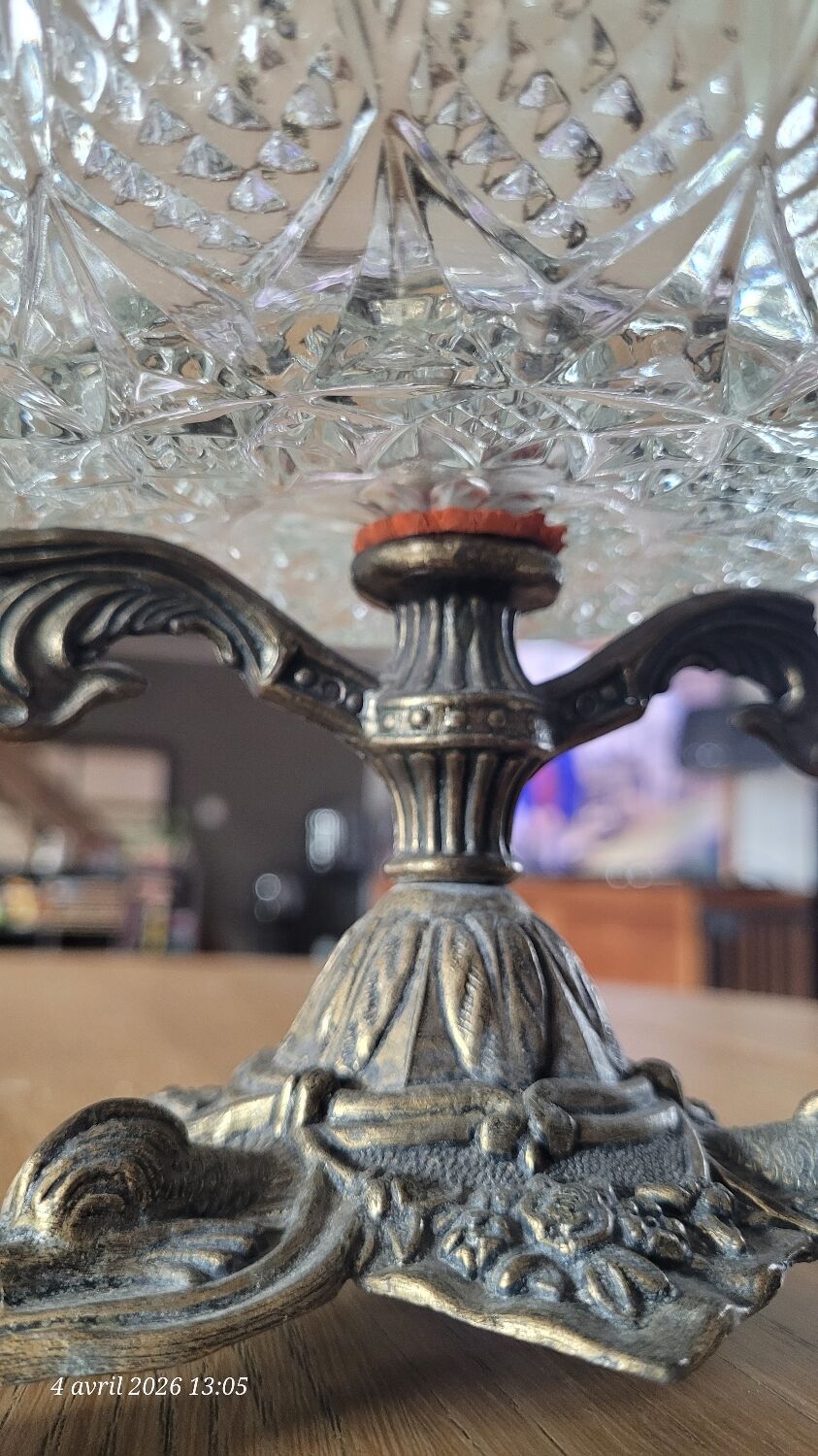 Cut glass bowl on a metal stand / compote dish