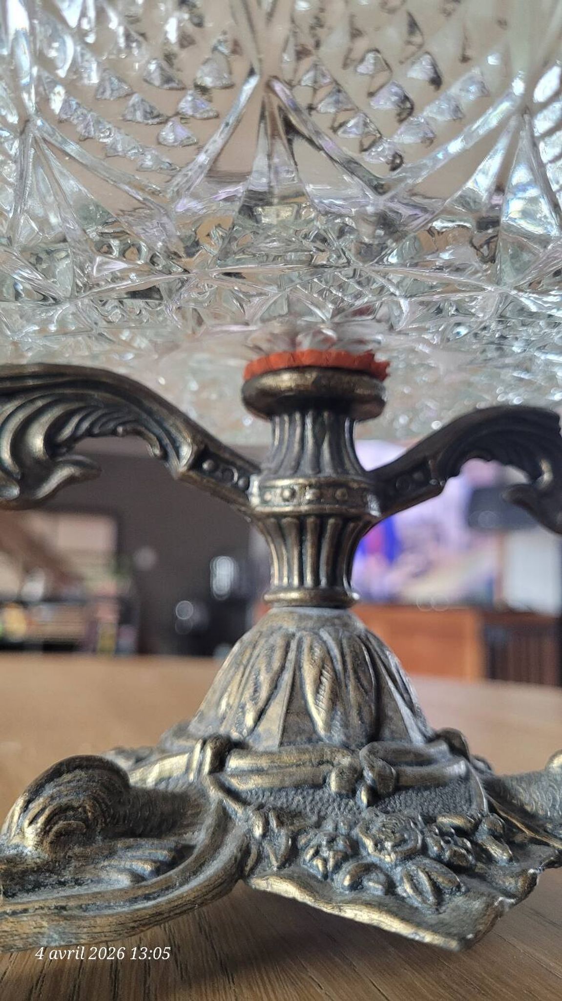 Cut glass bowl on a metal stand / compote dish