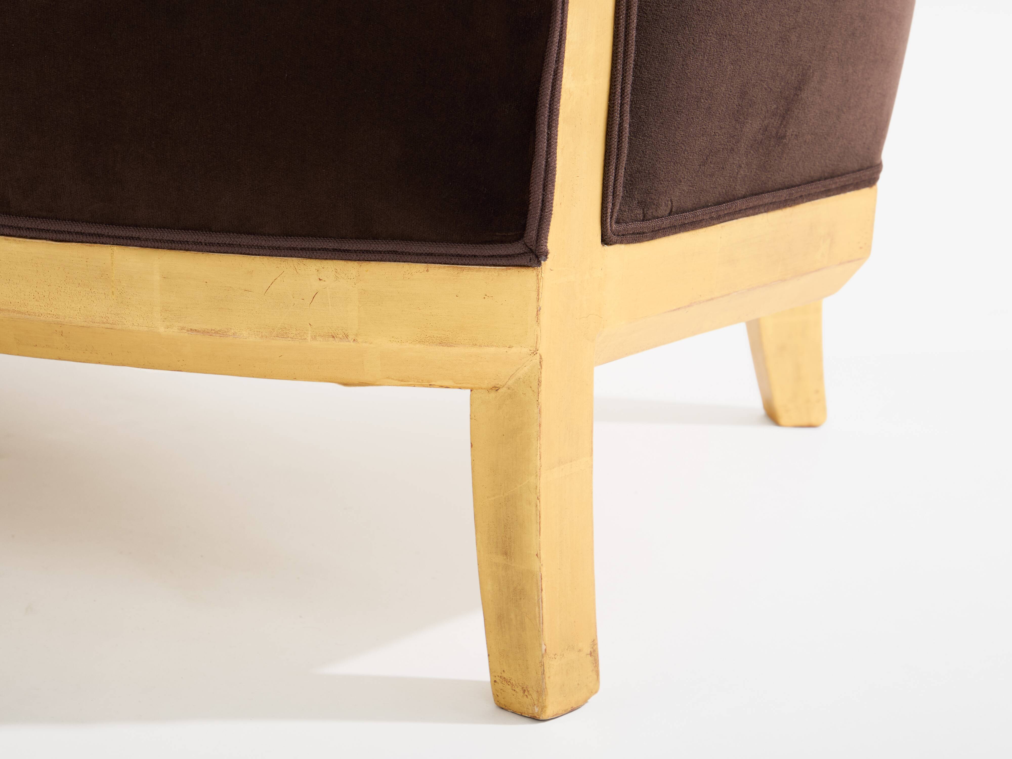 Maurice Dufrène gilded wood bench with brown velvet 1925