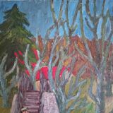 Oil on canvas - landscape with character, fauvism style, signed ROUYI 77