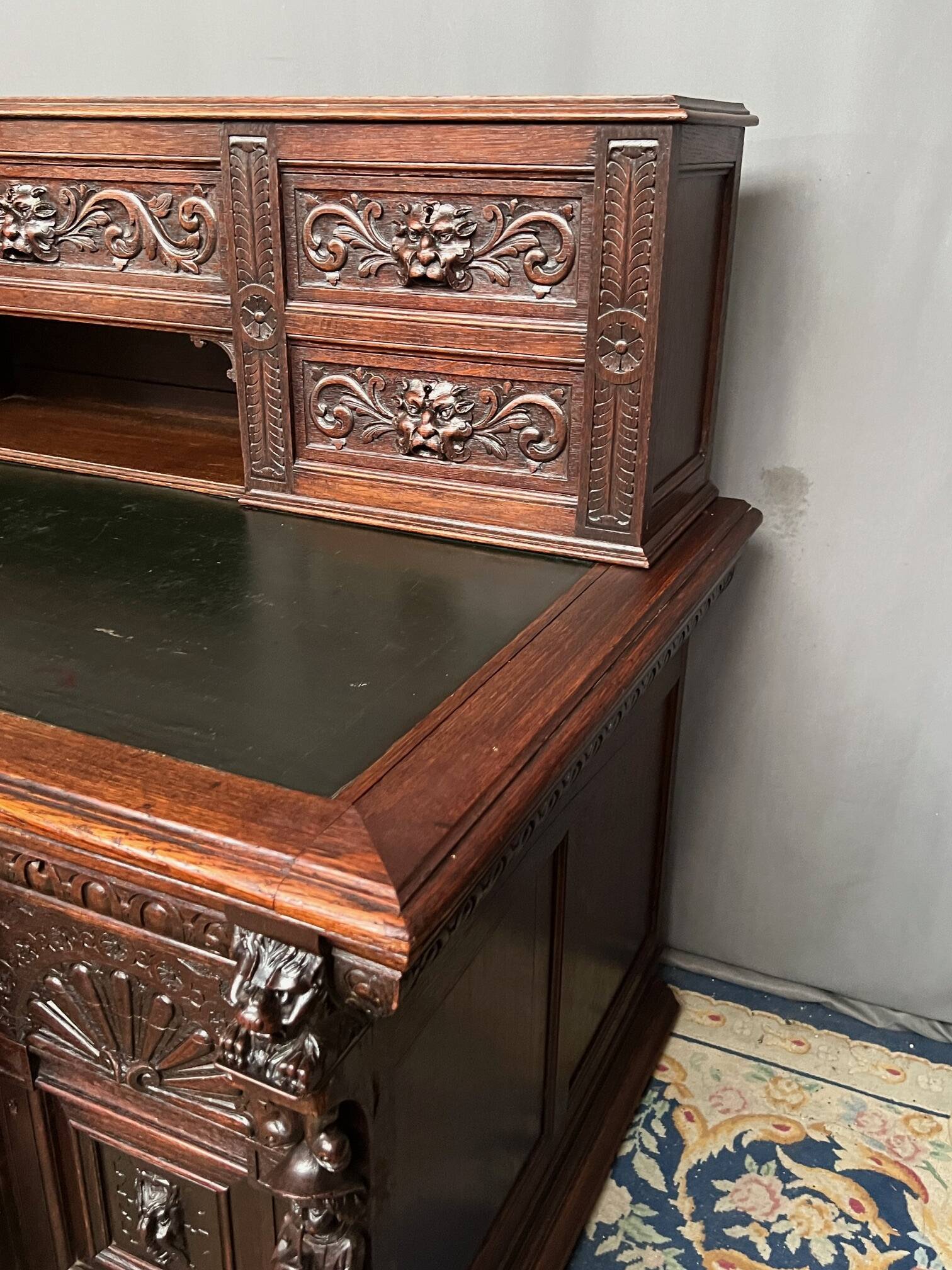 Old Renaissance style desk. Solid oak. France. Late 19th century.