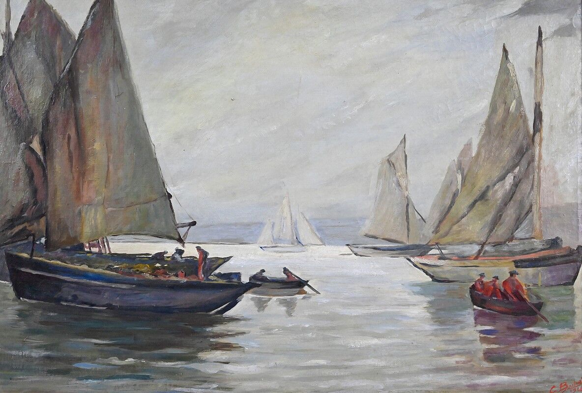 Painting "Sailboats on Calm Sea", oil on canvas, signed C. Bustad – 1928