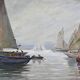 Painting "Sailboats on Calm Sea", oil on canvas, signed C. Bustad – 1928