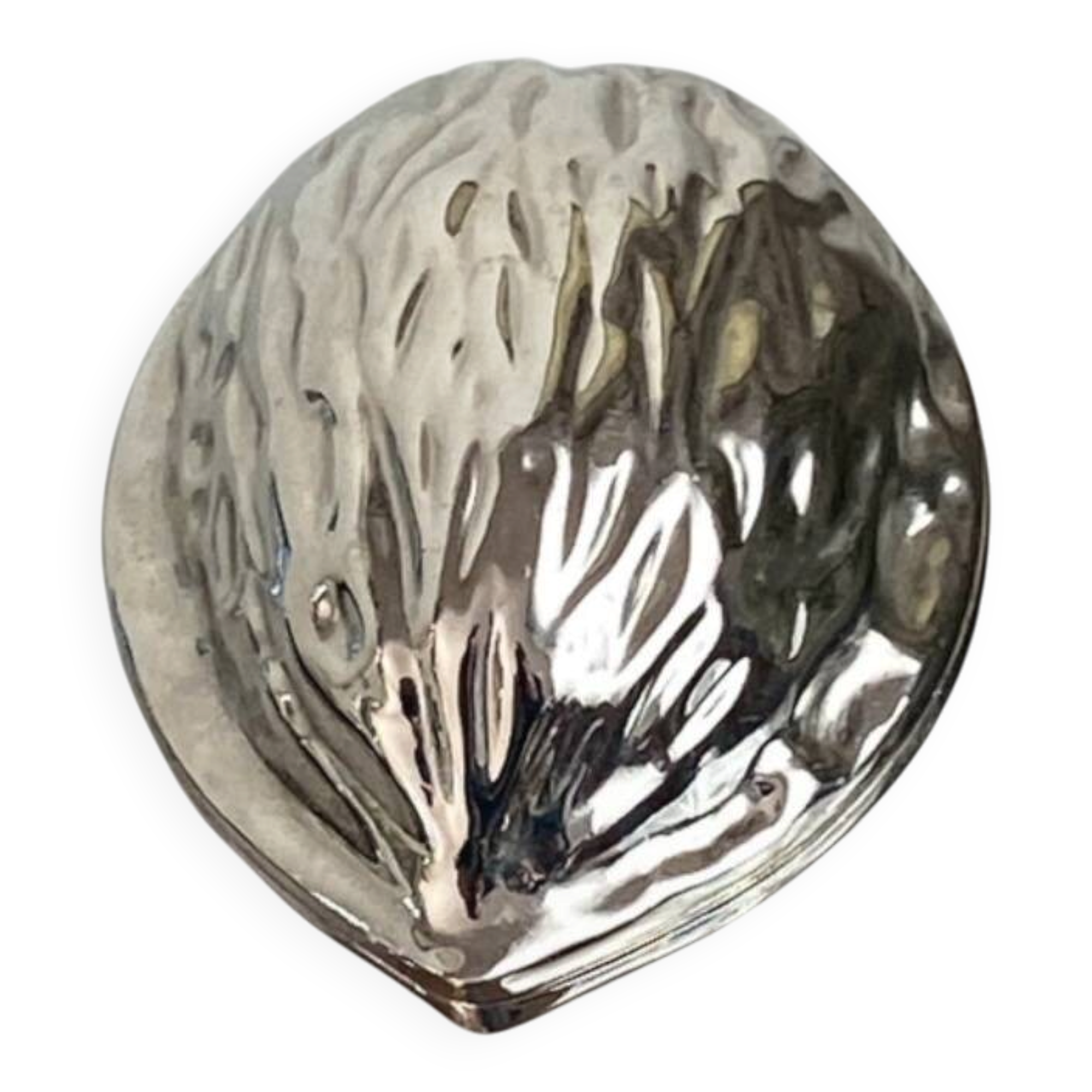 Nutcracker in the shape of a nut in silver-plated metal.