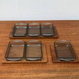 Danish mid-century teak plateau with Holmegaard glass serving trays, 1960s, set of 9.