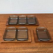 Danish mid-century teak plateau with Holmegaard glass serving trays, 1960s, set of 9.