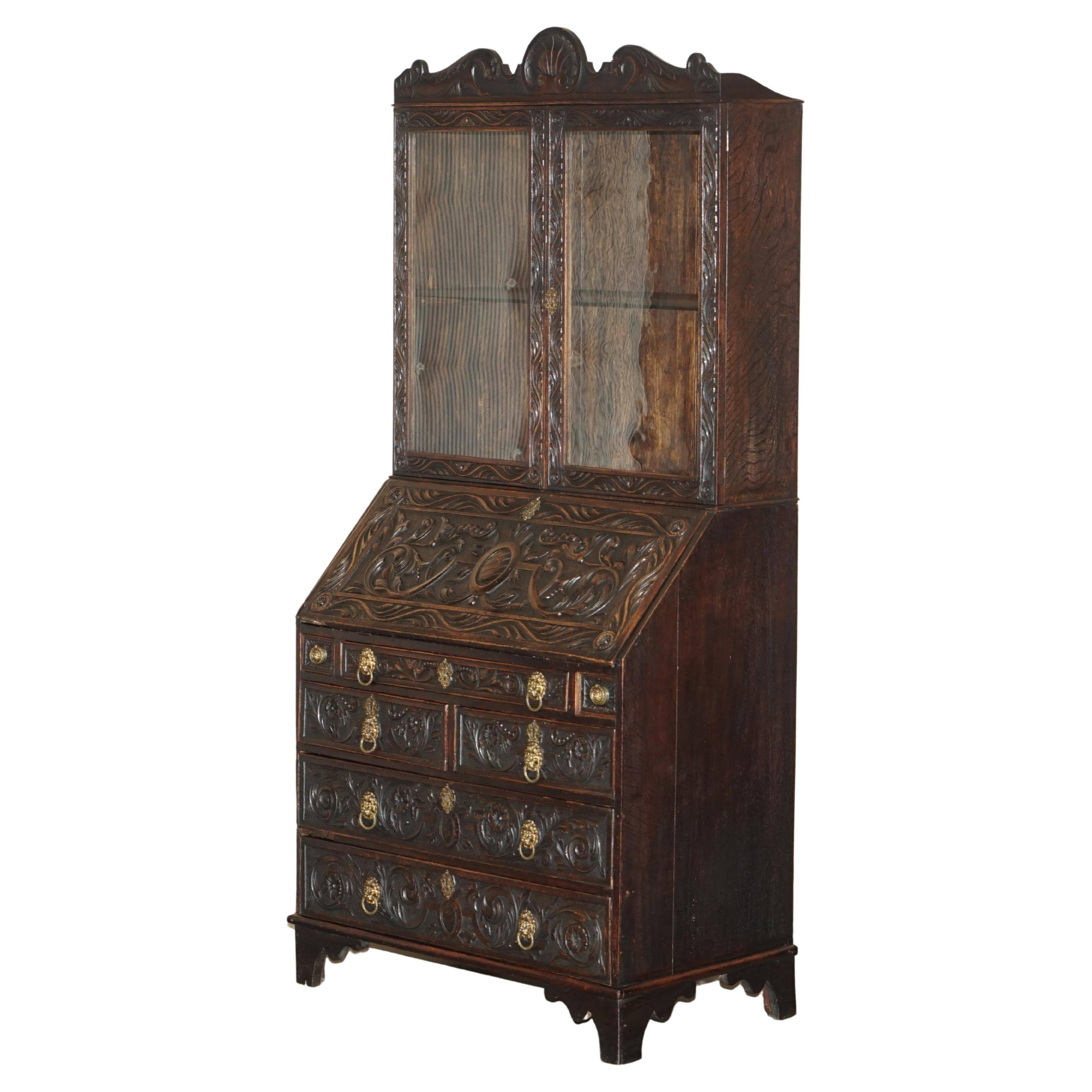 Library Desk in Carved Oak with Brass Handles