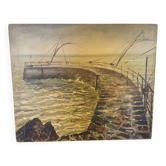 Oil painting on hardboard signed sea view