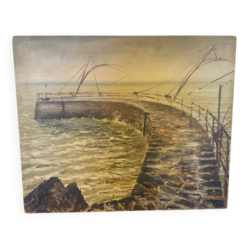 Oil painting on hardboard signed sea view