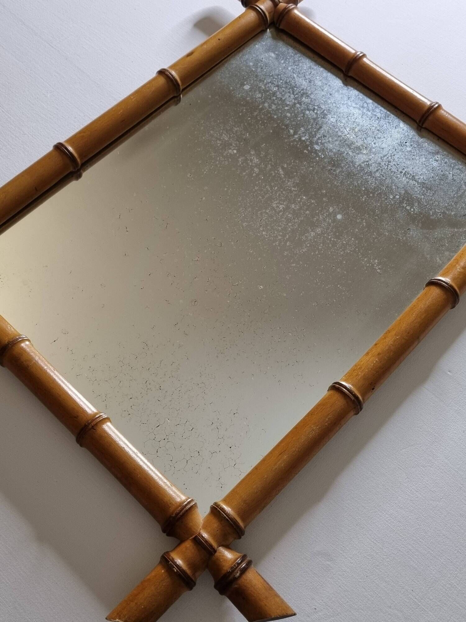 Turned wooden mirror in imitation of bamboo, mid-century, 54 cm x 67 cm