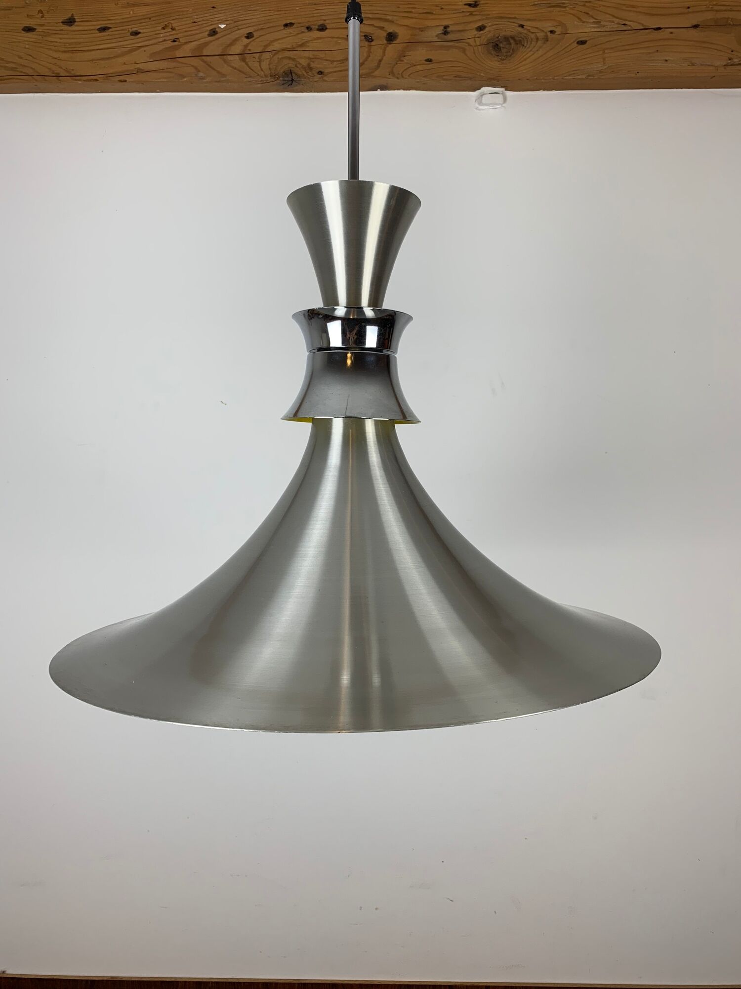 Scandinavian space age pendant lamp by Bent Nordsted for Lyskaer brushed steel 70s