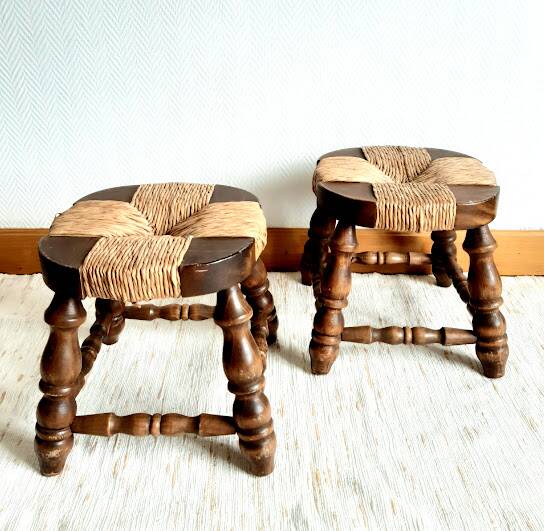 Pair of wood and straw fireplace stools, 1950s