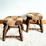 Pair of wood and straw fireplace stools, 1950s