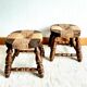 Paire de tabourets de cheminée bois et paille 1950