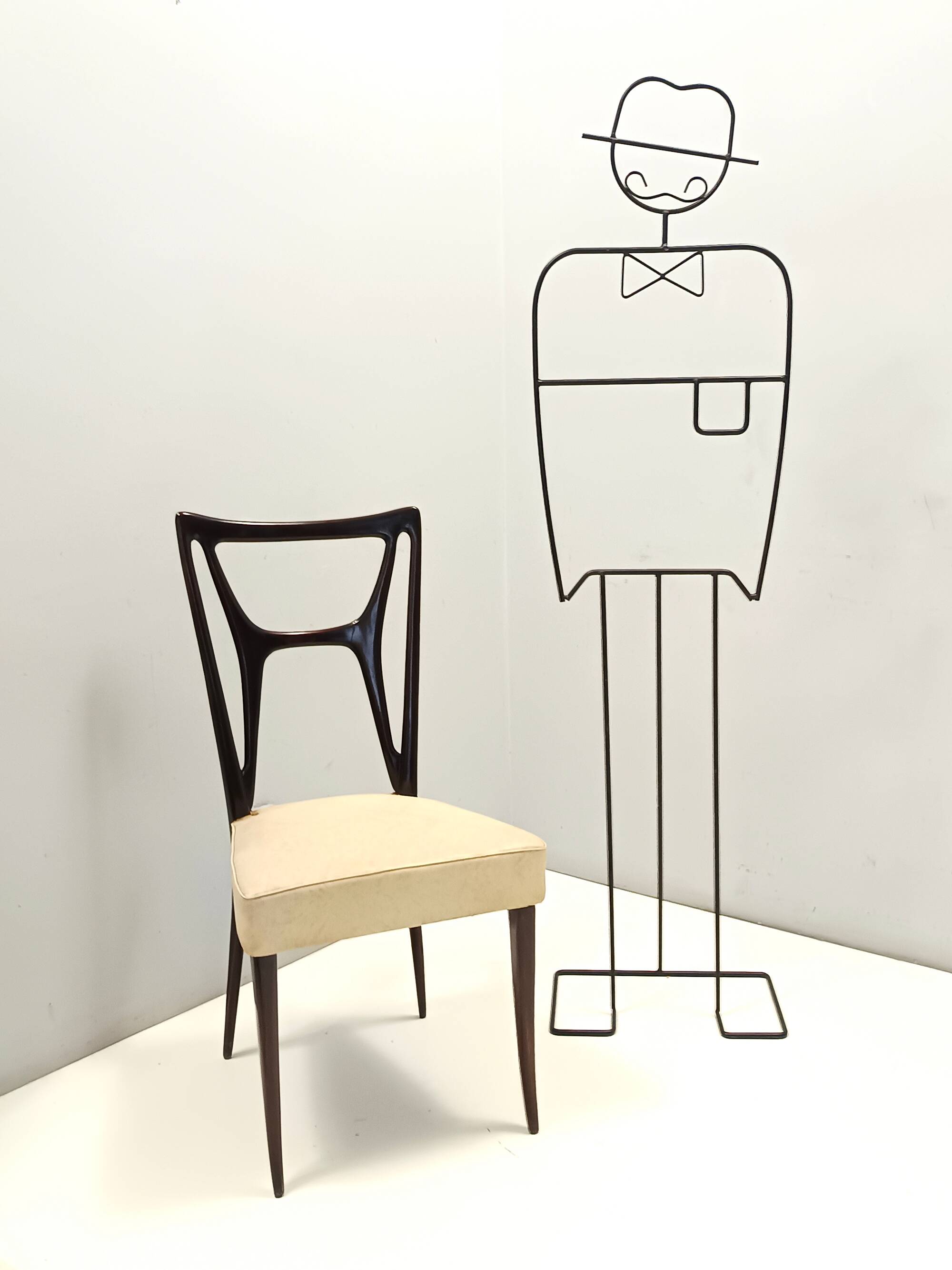 Set of Six Ebonized Beech Dining Chairs with Ivory Skai Upholstery, Italy