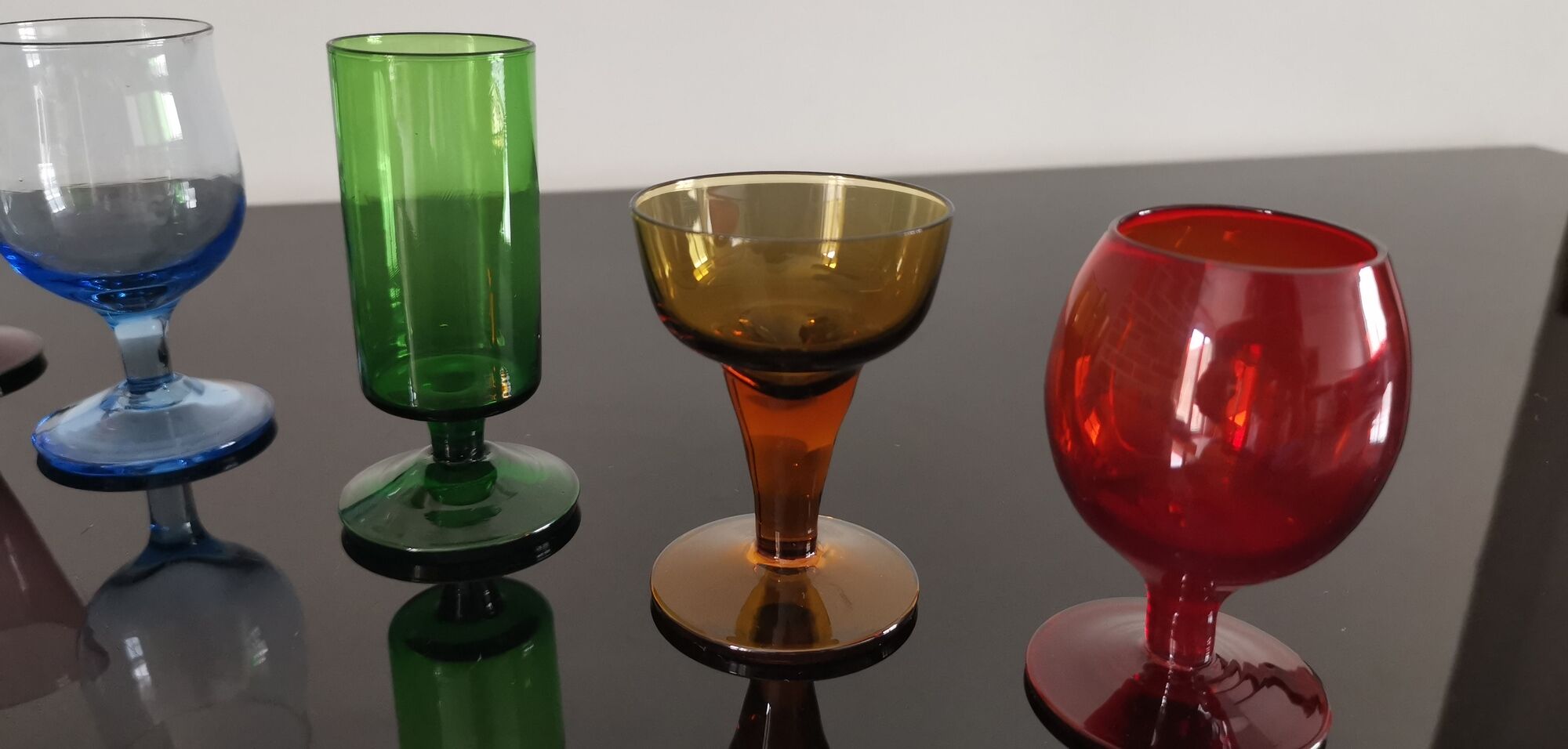 Set of 6 old liquor glasses on mismatched feet