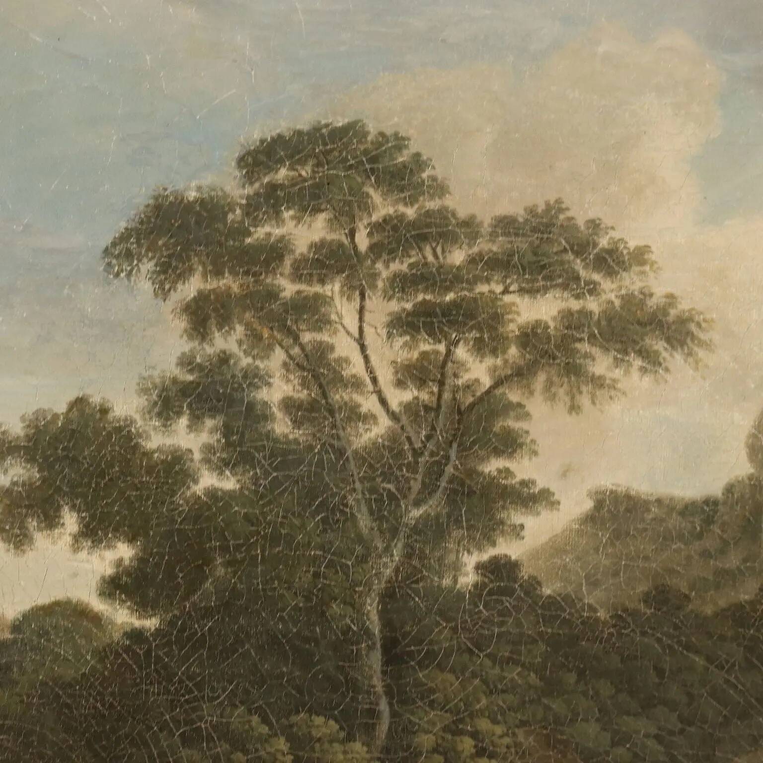 Old painting of a landscape with peasants, oil on canvas, Europe '800.