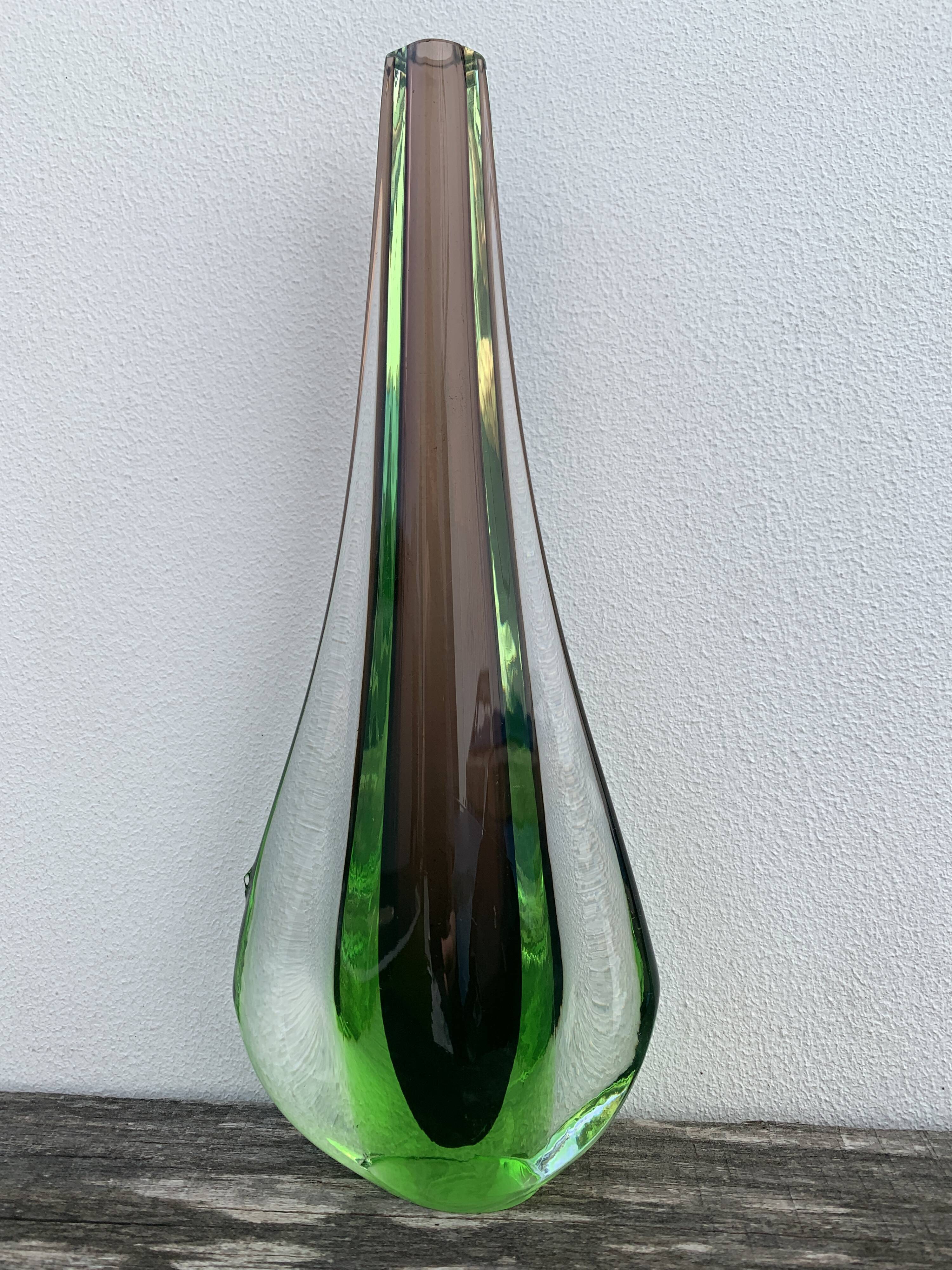 Green and red glass soliflore Sommerso Murano vase 1970