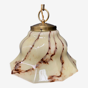 Suspension vintage en verre marbré avec luminaire en laiton
