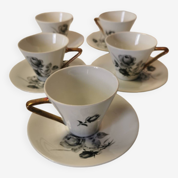 Very beautiful set of 5 cups and 6 coffee saucers in German Porcelain ARCY DE VERCOR