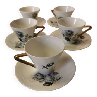 Very beautiful set of 5 cups and 6 coffee saucers in German Porcelain ARCY DE VERCOR