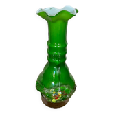 Ancien Vase Verre Soufflé Vert & Blanc Décor Fleurs Multicolores Vintage