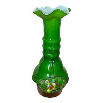 Ancien Vase Verre Soufflé Vert & Blanc Décor Fleurs Multicolores Vintage
